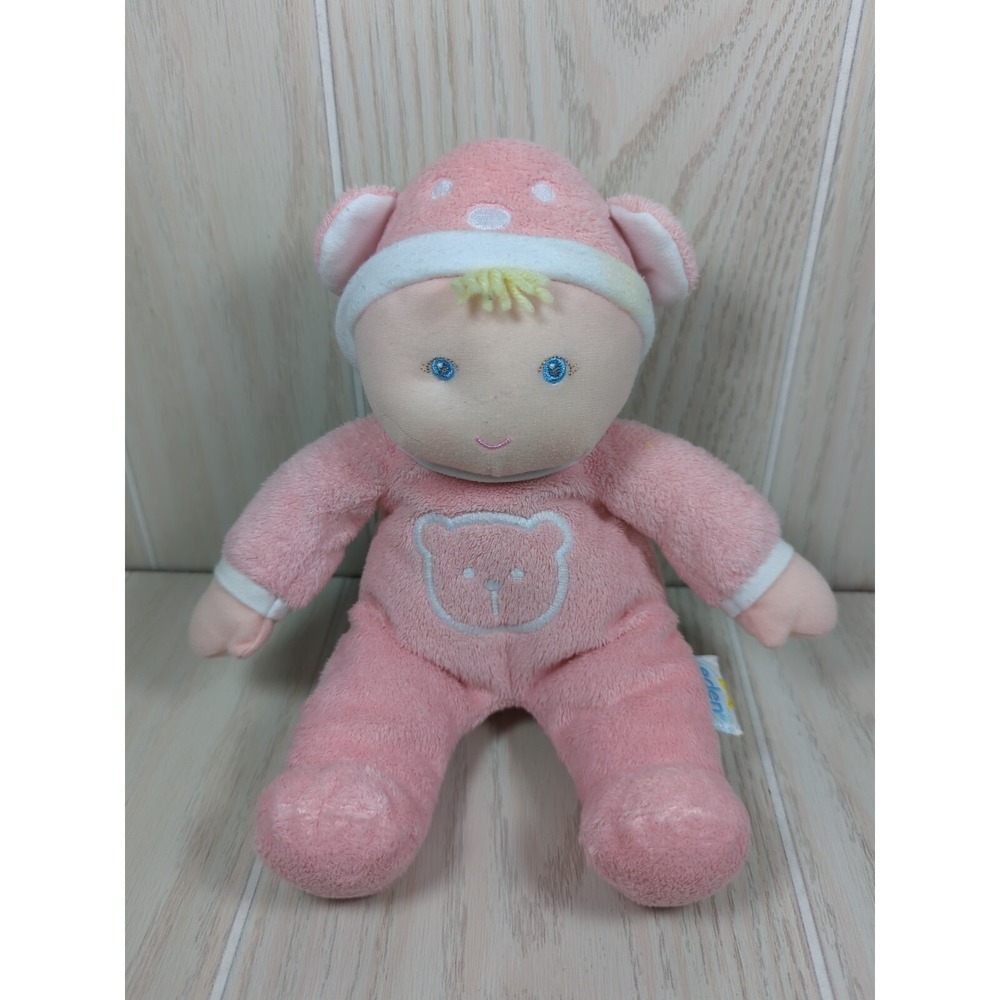 Eden‎ soft plush pink baby doll blonde yarn hair teddy bear ears hat pjs rattle